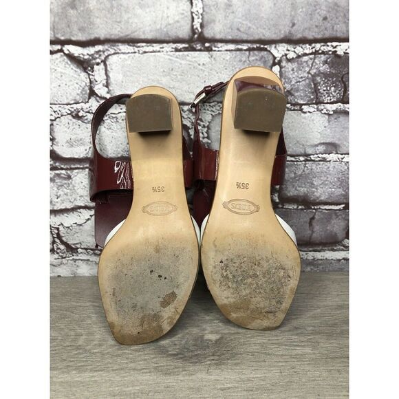 TOD'S Burgundy Patent Leather White Open Toe Heel Strap Sandals Women 35.5EU/5US - Picture 16 of 16